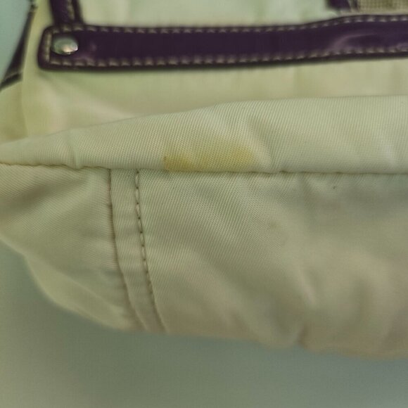 Prada Vintage Tessuto Beige Cloth Rare Purple Patent Leather Trim Crossbody Bag